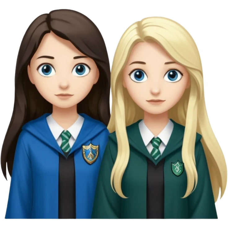 a pretty ravenclaw girl with long dark brown hair and blue eyes standing with a hot Slytherin girl with long blonde hair, blue eyes emoji