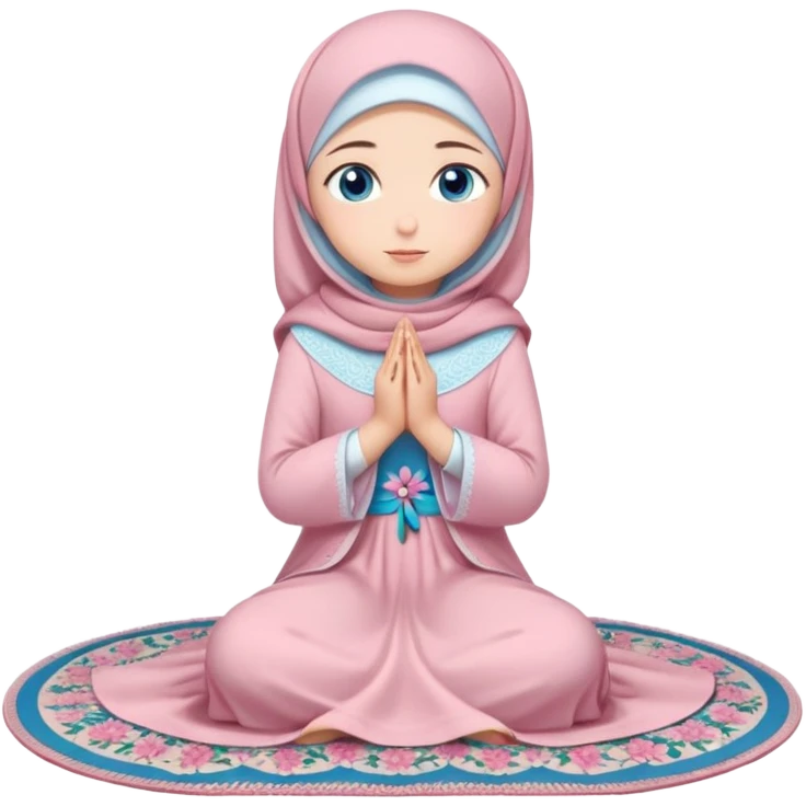 Turkish beautiful finish Konya girl blue eyes with powder pink color. flower hijab long tail dress and sits on the pray mat namaz on the ground with dua  emoji
