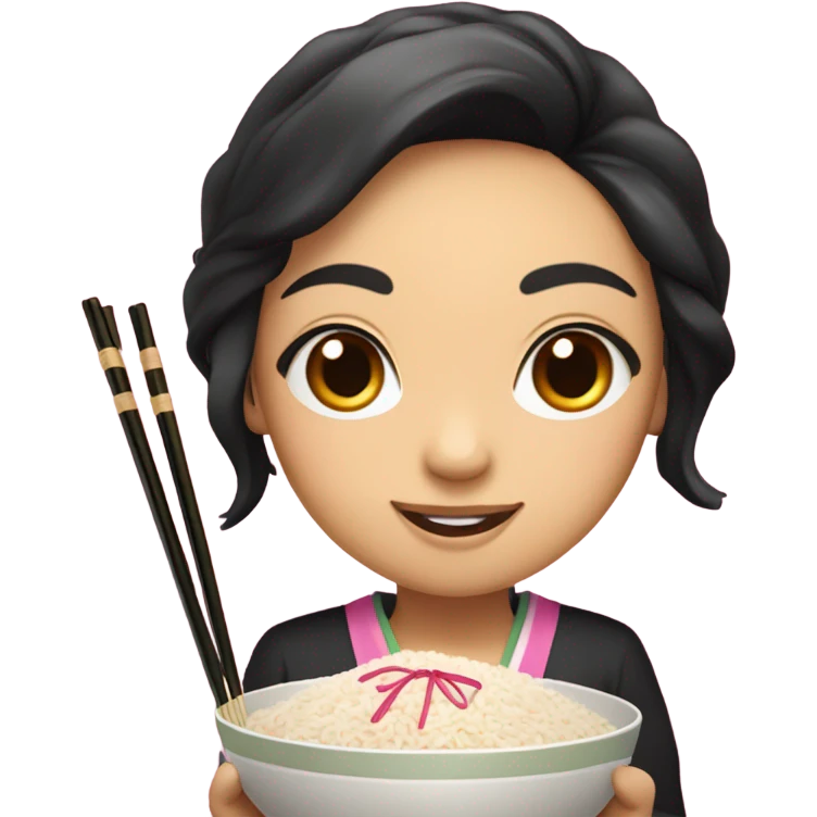 Asian girl with small eyes and black long hair with pink highlights smiles while holding rice bowl and chopsticks emoji
