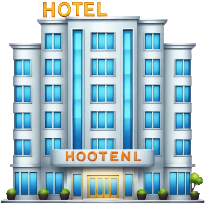 multi-story hotel building with many windows and glowing entrance sign emoji