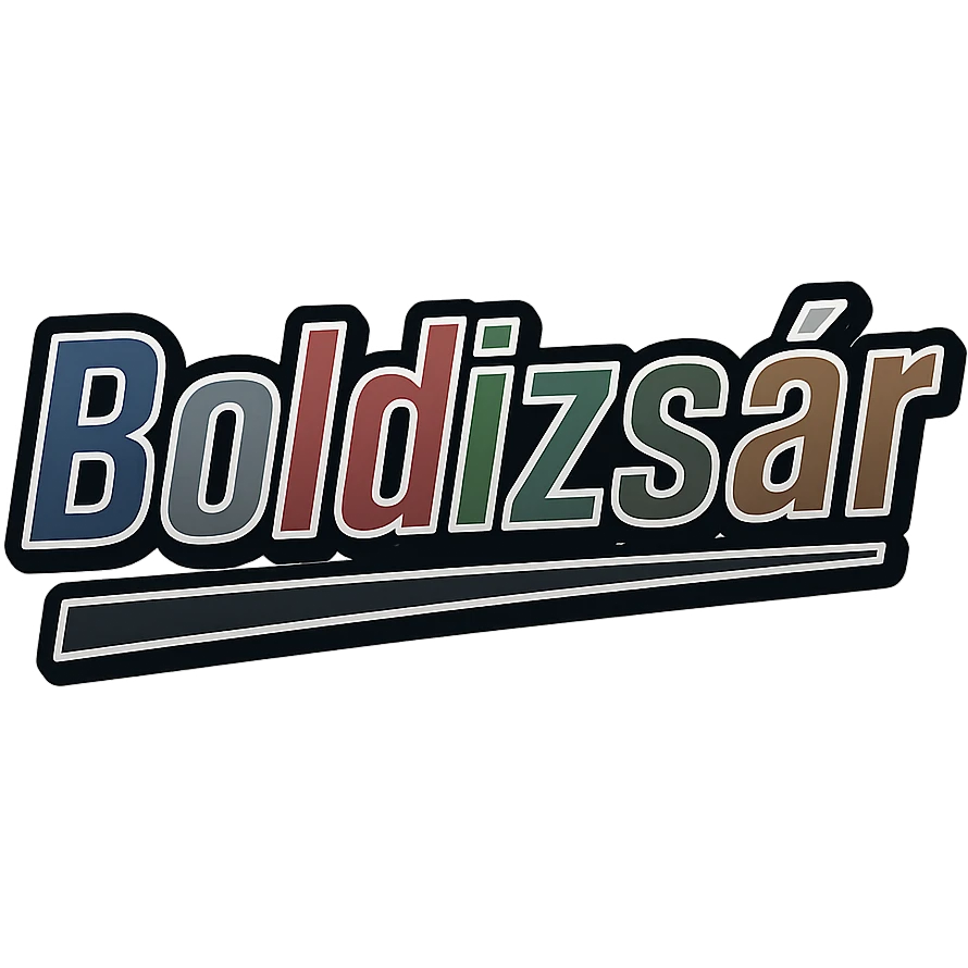 Text image of the name 'Boldizsár' in a masculine, modern, gradient font with precise Hungarian characters, dark contour, extra thick, prominent white letter outline as in reference images, dynamic slanted underline, masculine color shades including blue, gray, burgundy, green, and brown, 1000x1000 px, PNG, transparent background. emoji
