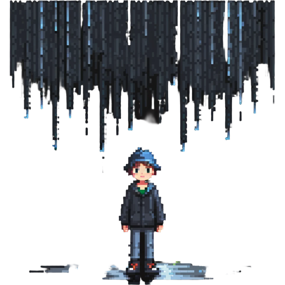 Boy standing alone in the rain, raindrops falling emoji