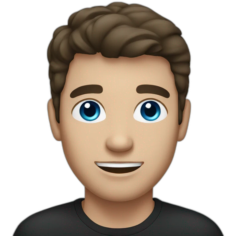 man with gray blue eyes, dark brown hair, black shirt emoji