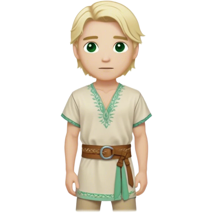 Medieval summer outfit worn by a DnD themed fantasy male character. Light cotton tunic in natural cream color with short sleeves, embroidered with simple floral patterns at the hem, paired with a thin leather belt. Clothes only above the waist, full waist coverage. The character has no arms. Character is white-skinned with sun-bleached blonde hair in shoulder-length layers, partially tied back with a leather cord, sea-green eyes, and defined cheekbones. emoji