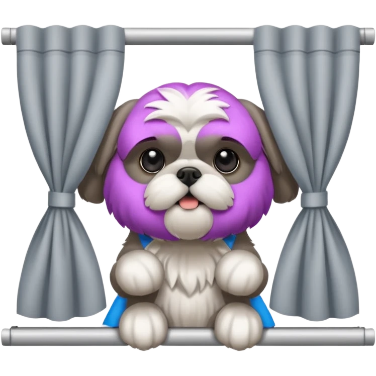 cute all grey shih tzuh behind window shades pulling them open with one paw and peeking through them emoji