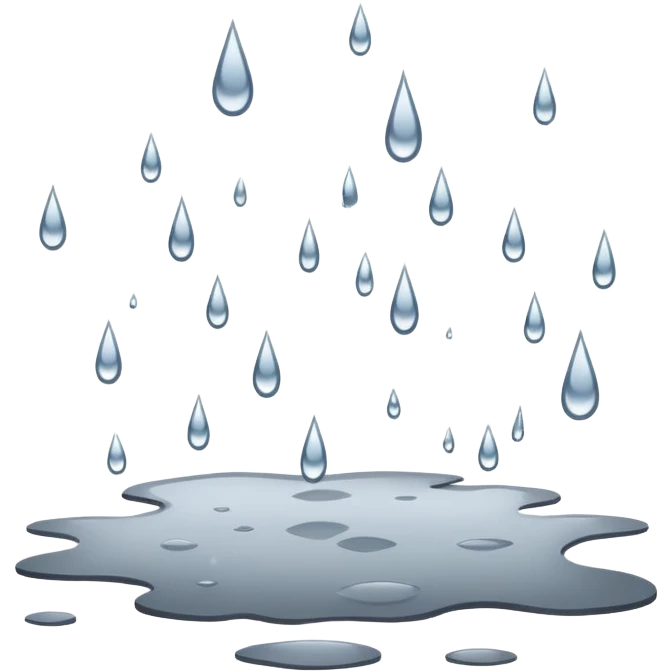 Raindrops falling from the sky, creating ripples on puddles and wetting surfaces. The atmosphere is grey and cloudy, with a soft, steady rain showering down emoji