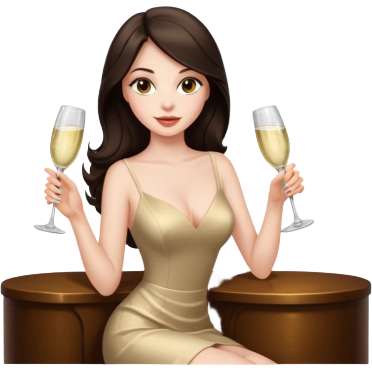 Sexy brunette woman long dark brown hair, hazel eyes, pale skin toasting with champagne emoji