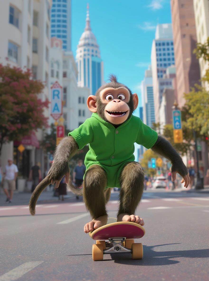 Disney style, Cinematic still scane, Low angle medium shot, monkey dress in green outfit, monkey ride on skateboard, san francisno downtown with city lanscape, blue clean sky, captured by ARRI Alexa XT, soft cinematic lightning emoji