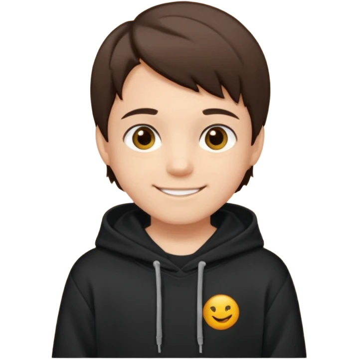 A brunette boy, short straight hair, light brown eyes, with a black sweatshirt with a hoodie, and smile  emoji