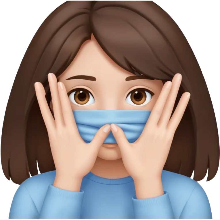 brunette girl with brown hair wearing pastel blue clothes covering her face with her hand emoji