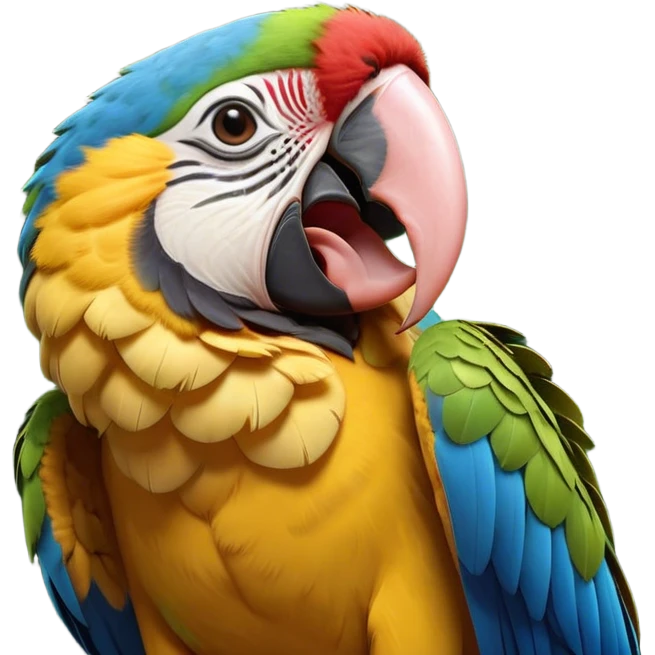 Cinematic Cute Yawning Macaw Portrait Emoji, Head tilted slightly with a dramatic, wide-open yawn, showcasing resplendent feathers and sleepy, half-closed eyes brimming with relaxed elegance, Simplified yet irresistibly adorable features, highly detailed, glowing with a soft, cozy tropical glow, high shine, relaxed yet expressive, stylized with a hint of whimsical charm, soft glowing outline, capturing the essence of a drowsy yet affectionate macaw that appears ready to stretch out for a nap! emoji