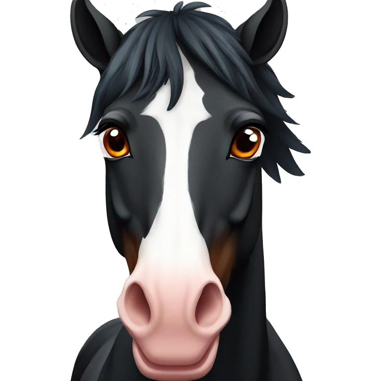 a black horse with a white stripe on its nose and red strands in its mane emoji