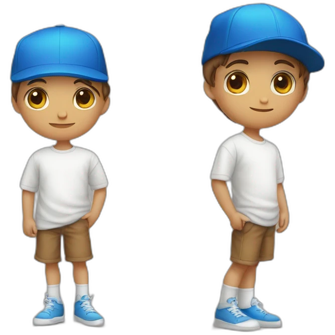 Niño con ojos azules, color castaño, piel blanca, con gorra blanca, vestimenta de sudadera emoji