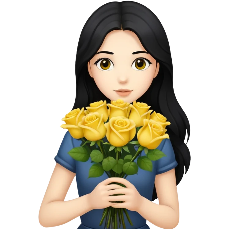 Beautiful girl with long black hair holding a bouquet of yellow roses emoji