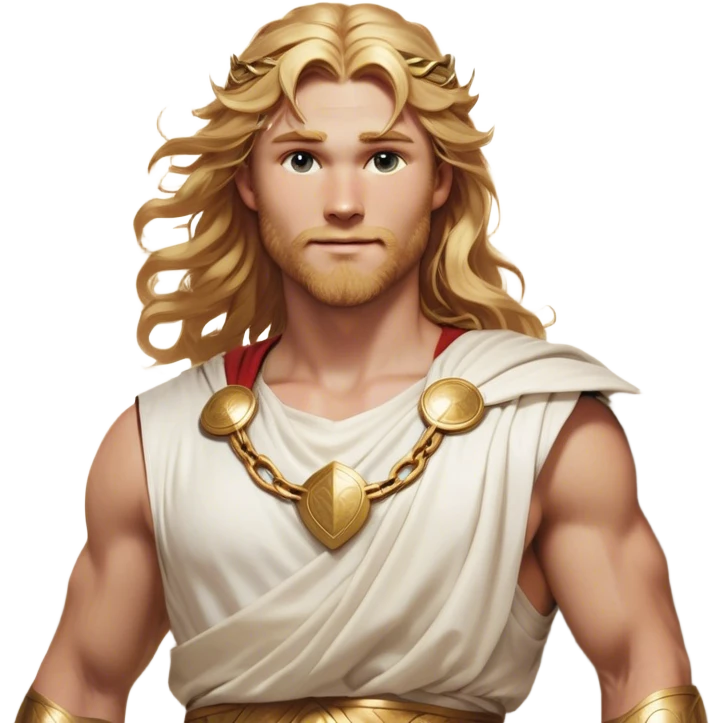 Cinematic Realistic Thor Portrait, head tilted playfully and inquisitively, showcasing his classical Greek god allure with a relaxed, yet commanding presence. His fair, radiant skin and flowing, wavy golden hair are highlighted by a gentle smile and twinkling, approachable eyes. Clad in a gracefully draped white toga with subtle golden embellishments, he exudes a lighthearted yet powerful charm under soft, natural lighting. emoji