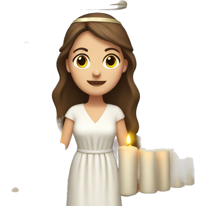 brown haired white women with white gown and advent wreath with candles on the head emoji