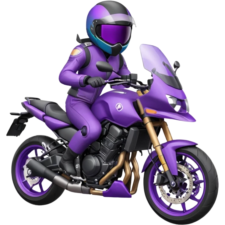 Créer un emoji avec une moto mt07 sport noir mate / violet iridescent très foncé. Avec une pilote dessus visière violet sombre faceless, bulle de la moto violet. Avec fond arrière violet emoji