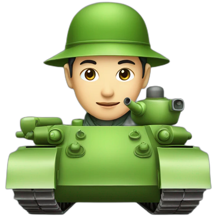 A Chinese man in a Chinese hat rides a green T-34 tank emoji
