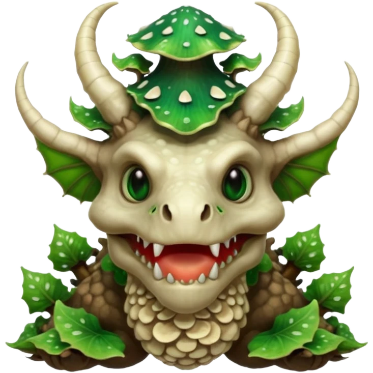 poisonous mushroom dragon beast portrait, head and shoulders only, face covered in mushroom plates, glowing green spores, fungal horns, mushroom cap scales, fantasy creature, 3D cartoon, mobile game icon style, clean background, no text, no watermark

 emoji