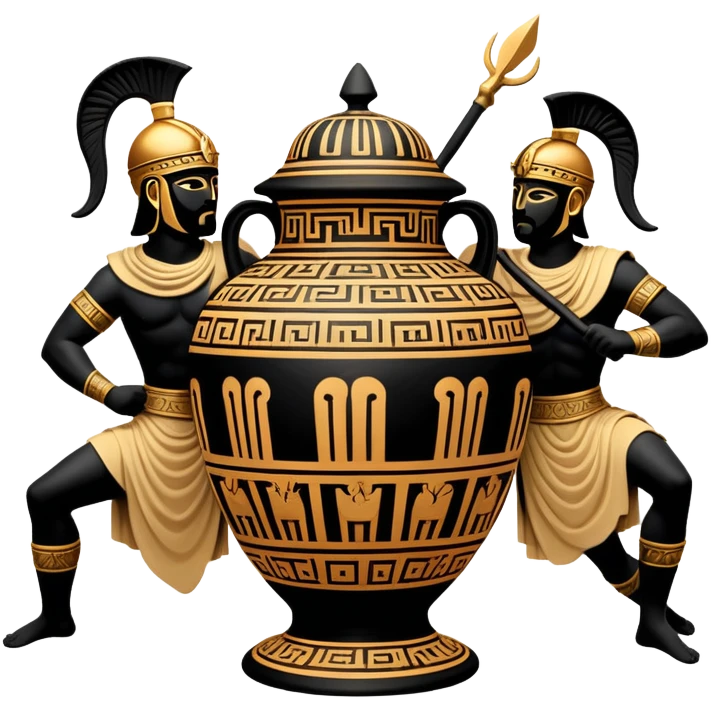 Cinematic-realistic Grecian urn, an exquisite black-figure pottery masterpiece resting in the dim glow of an ancient temple. Intricate golden depictions of two warrior fighting with spears and warriors encircle its curved form, telling timeless myths of heroism and tragedy.  emoji