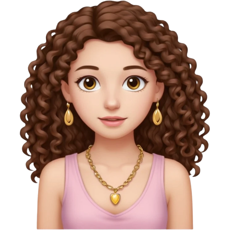 crée moi une jeune fille très belle avec les cheveux bouclés long brune avec un top  sans manche de couleur rose clair avec un peu de maquillage un collier en or emoji