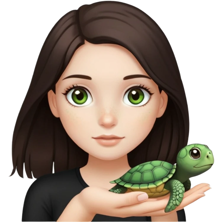 pretty girl, she has dark brown hair, long and straight, grayish green eyes, and long eyelashes, the girl has freckles and pale skin, she’s wearing black top and holding a turtle in her hand  emoji