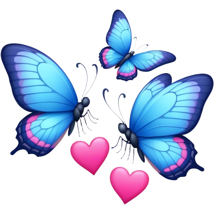 two blue butterflies and little hot pink hearts emoji