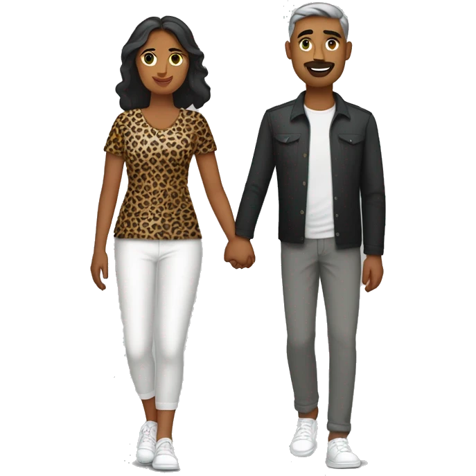 an indian couple, man and a woman holding hand. The man is wearing a black overshirt, a white tee shirt underneath, grey trousers and white trainers, the woman is wearing a leopard print dress emoji