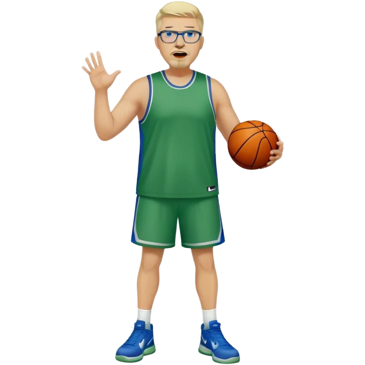 Full Body white male plus size wearing glasses with a goatee with light blonde and gray very short hair yelling basketball head Coach in blue and green wearing Nike dress gear emoji