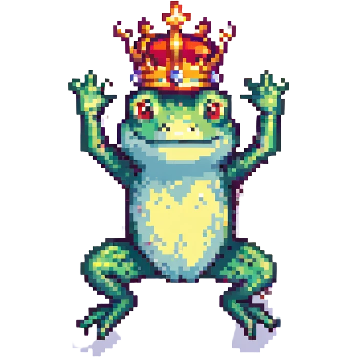 pixel art crowned frog, jumping with crown slightly tilted emoji