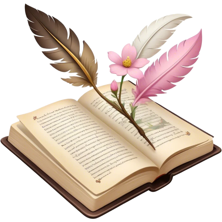 Icon for Poetry Reading: an open book with flowing verses on the pages, surrounded by a quill, ink bottle, and delicate flowers. The icon should evoke the beauty and emotion of poetry. Transparent background. emoji
