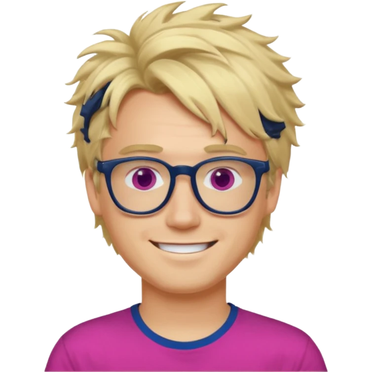 A blond guy with messy hair is smiling. He wear black and dark blue glasses and a fushia T-shirt.  emoji