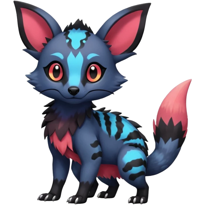 Rare realistic exotic cute gothic colorful Salandit-Eevee-Civet-species-Fakemon-hybrid-creature, with markings, full body emoji