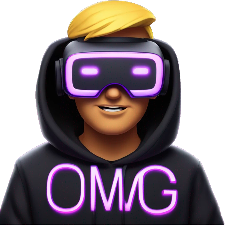 Donald Trump wearing a black hoodie with "OMG" letters on it and VR headset oculus quest 2 in a cyberpunk VR environment with violet neon lighting. emoji