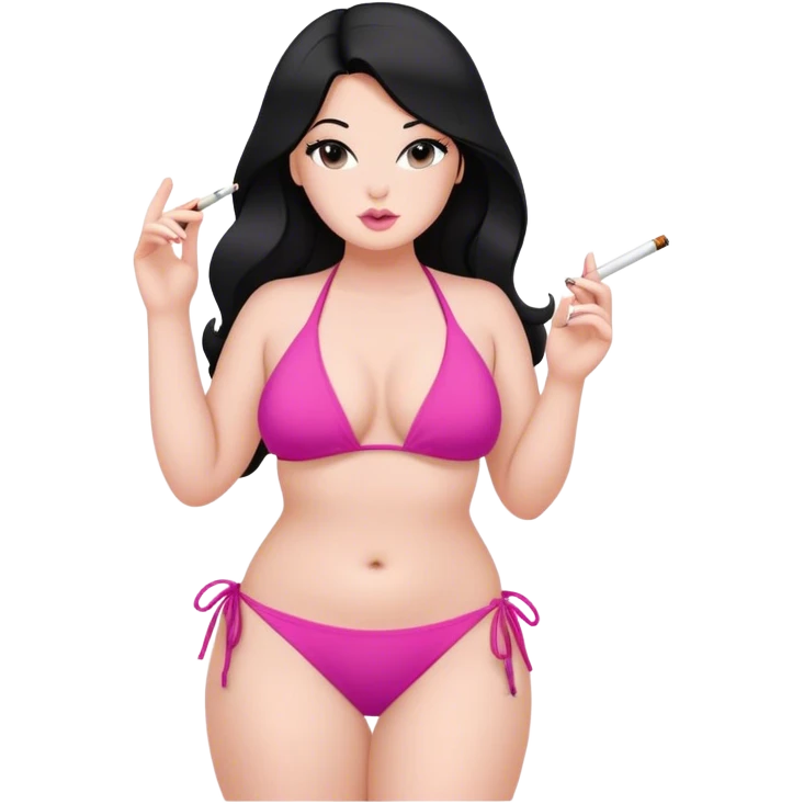 caucasian curvy girl smoking in pink bikini, long straight black hair, sfw pose emoji