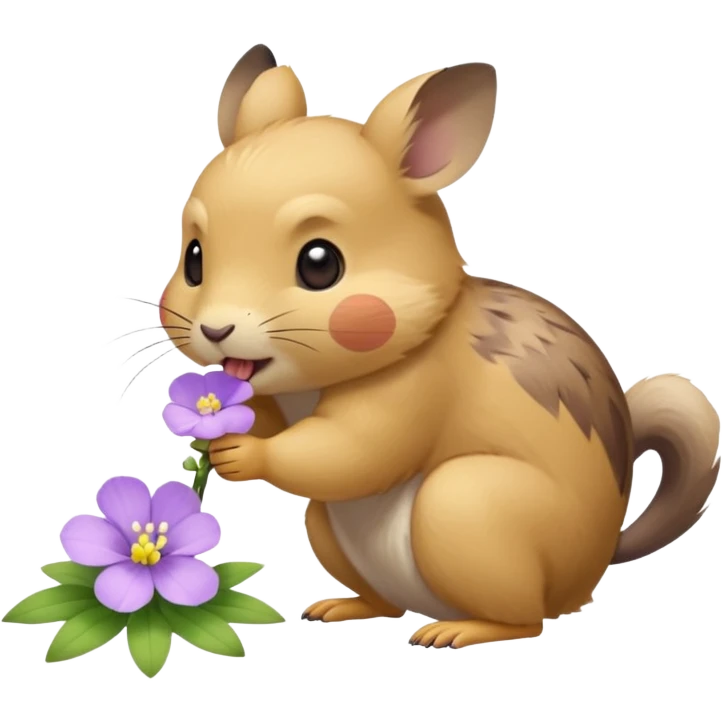 small round pika on all fours, turned at an angle, biting a small light purple flower in its mouth emoji