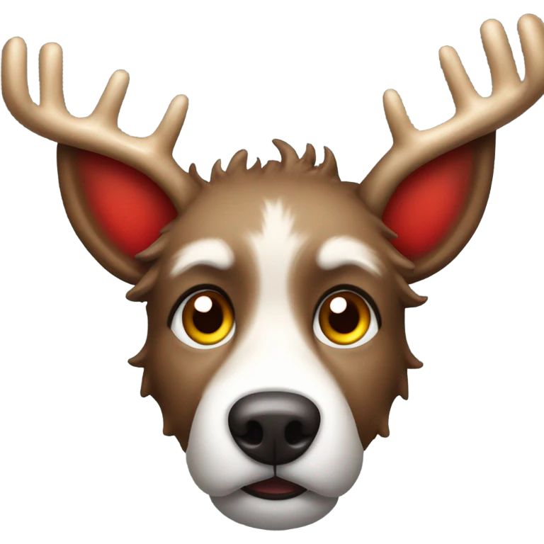 Brown scraggly dog with Christmas antler and red light up nose like Rudolph  the red nose reindeer  emoji