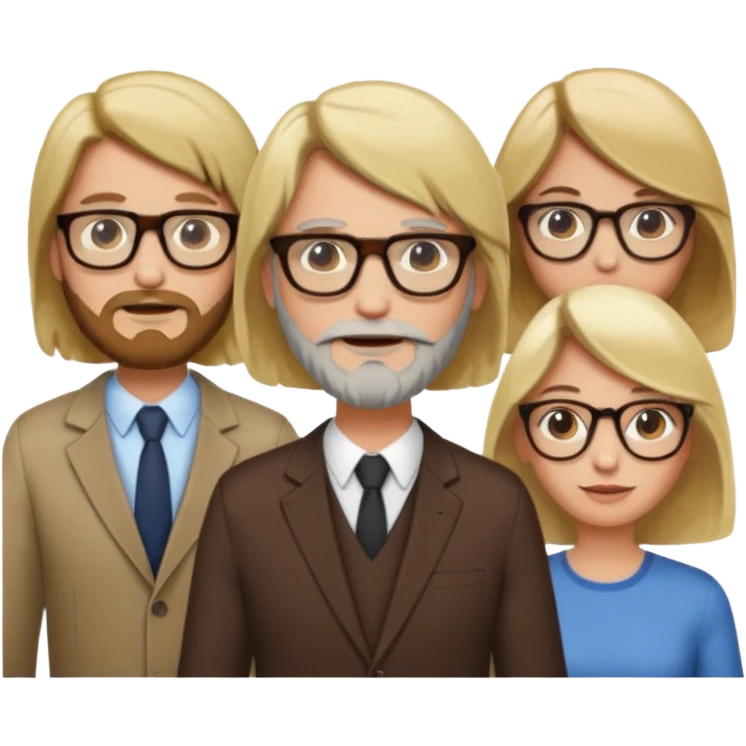 A man with hair and glasses and  a woman with long brown hair and a man with a beard and a woman with a blonde bob emoji