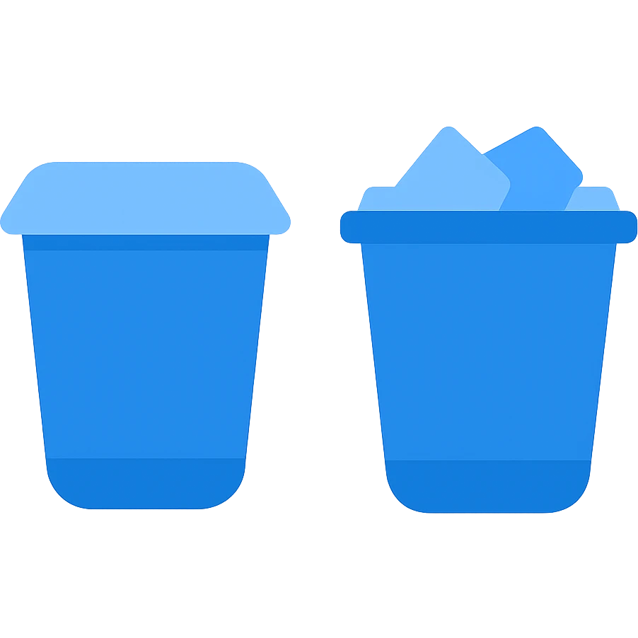 Make the empty recycle bin and full recycle bin icons visually similar in shape and style, both in a very simple flat color clip art style using three blue shades from the palette. Minimal design, transparent background, no text. The only difference is the presence of paper or trash inside the full bin. emoji