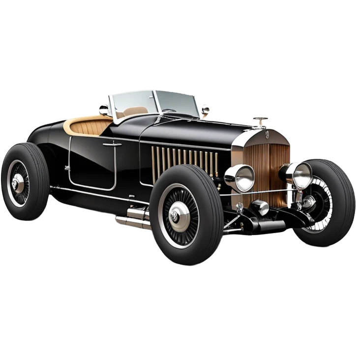 Satanic Darth Vader black Bare bones (channeled cowl) drag racing and speed record modified (fenders removed) chopped streamlined sporty roadster that is a (stripped down) hot street rodded engine sports car 1932 Rolls Royce Woody futuristic  wide racing wheels emoji