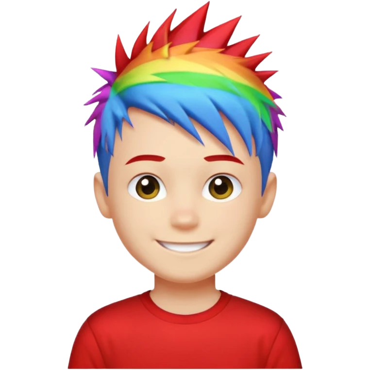 Boy with rainbow streaks — short spiky hair glowing under light, red T-shirt emoji