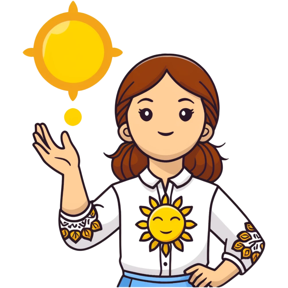 A young Ukrainian girl with brown hair wearing a white embroidered shirt holds the sun in her hands emoji