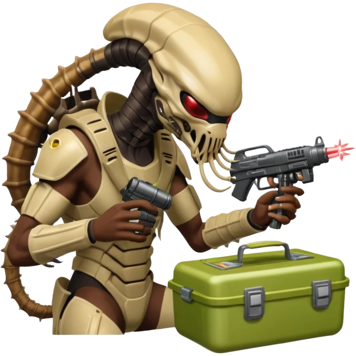 The Predator, as in the 1987 movie, with full armor, laser gun and mask eating an Alien facehugger from a lunchbox, the setting should be dark and sci-fi. emoji