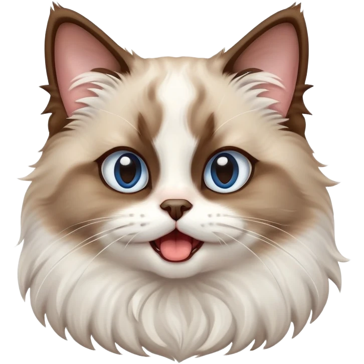cinematic-adorable-big-eyed-fluffy-brown and white ragdoll-cat-portrait-emoji,-head-tilted-playfully-with-a-cute,-yawn,-soft-brown-and white-colored-fur-with-darker-points-on-the-ears,-simplified-yet-irresistibly-cute-features, sparkling blue eyes emoji