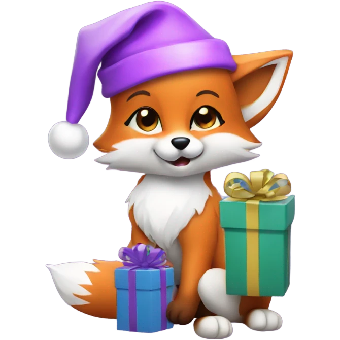 Baby fox wearing a purple Santa hat with gifts emoji