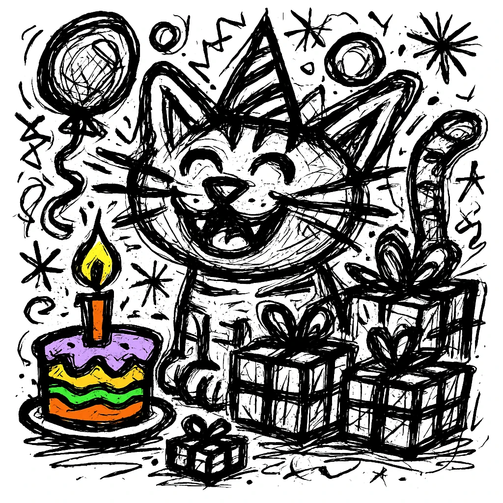 Make the birthday cake more colorful while keeping the chaotic outlined style and all other elements intact emoji