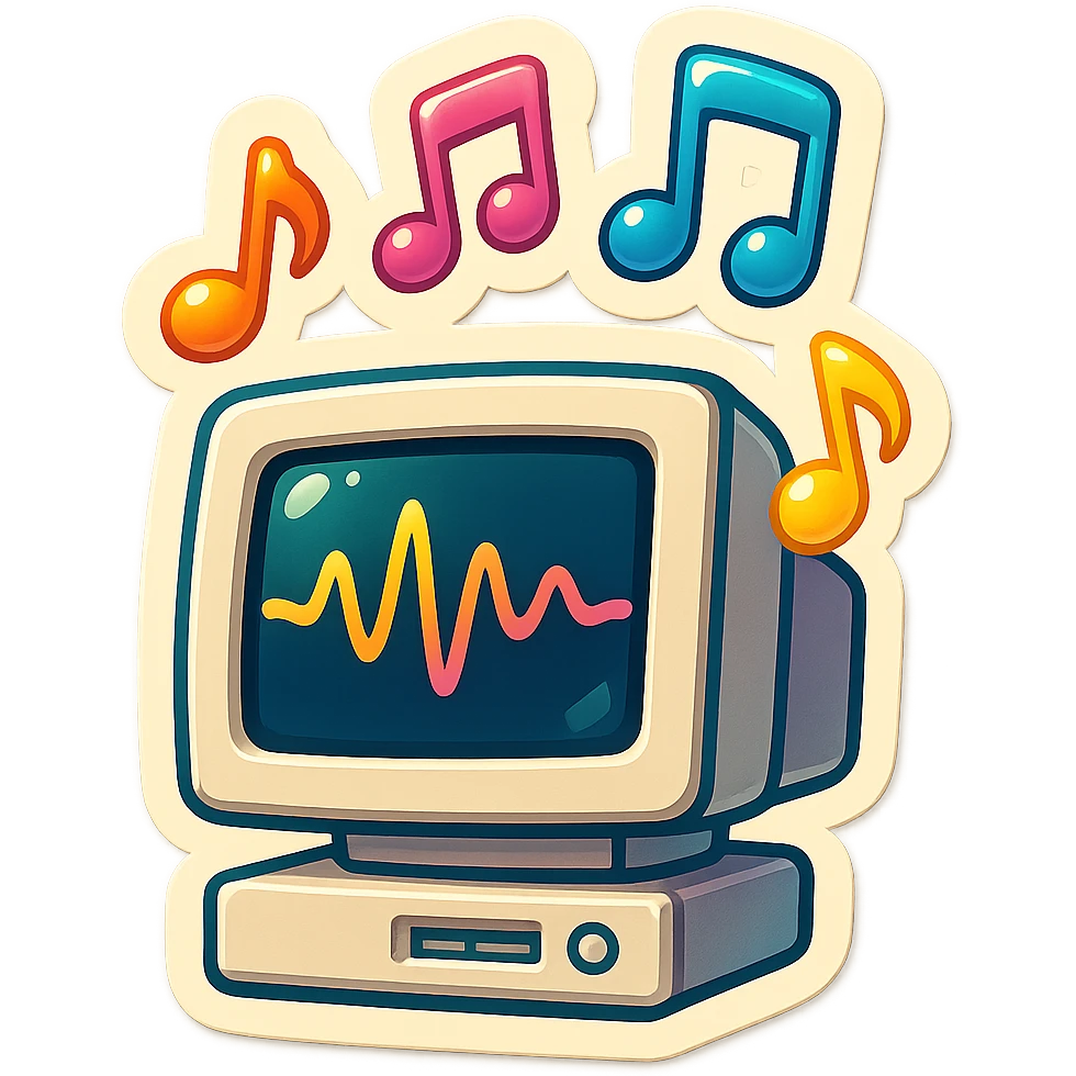 A CRT monitor displaying a waveform on its screen, with colorful musical notes floating upward from the monitor, visually engaging, vibrant and playful retro style emoji