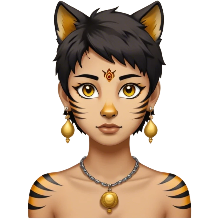 His natural black hair is styled in a messy wolf cut with yellow streaks throughout. He has a beauty mark under the right side of his sandy-colored eyes and a tiger tattoo extending from his neck to his shoulder and chest. Kazutora also wears a drop earring with a bell ornament at its tip. emoji