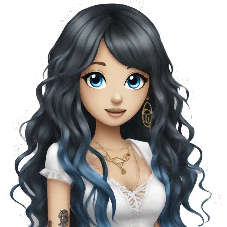hime gyaru girl, tattoos, long black hair and blue eyes emoji