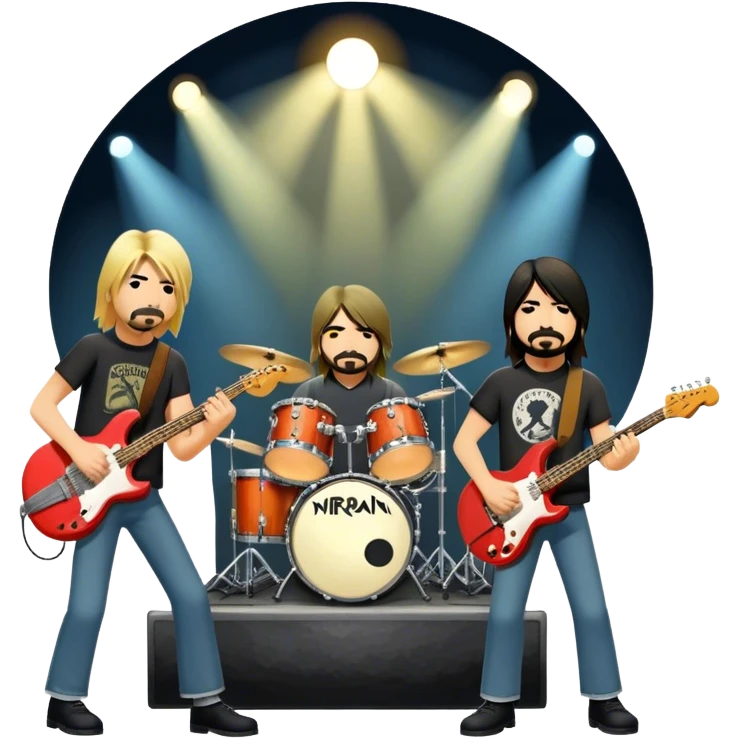 Icon for Rock Music: Nirvana performing on stage with Kurt Cobain on guitar and vocals, Krist Novoselic on bass, and Dave Grohl on drums. A grunge-inspired vibe with dynamic stage lighting and musical energy. Transparent background. emoji
